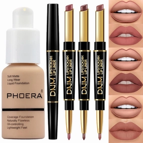 PHOERA Foundation Full Coverage,3Pcs Lip Liner and Lipstick Set Chestnut Nude Brown for Matte Finish,PHOERA Makeup Wrinkles Matte Natural Finish for a Flawless Complexion(104-Buff Beige Lip SetA)