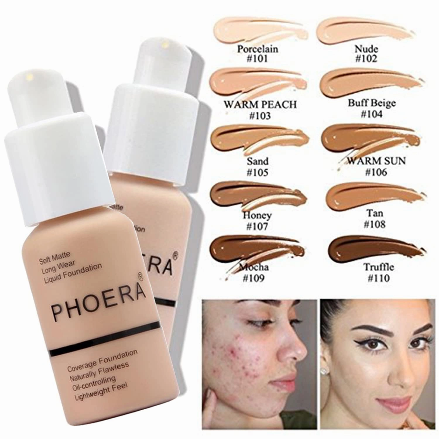 PHOERA Foundation,PHOERA 9D Mascara,PHOERA Makeup Foundation Full Coverage,PHOERA Primer, PHOERA Powder, PHOERA Concealer, Kabuki Brushes Foundation (102 Nude)
