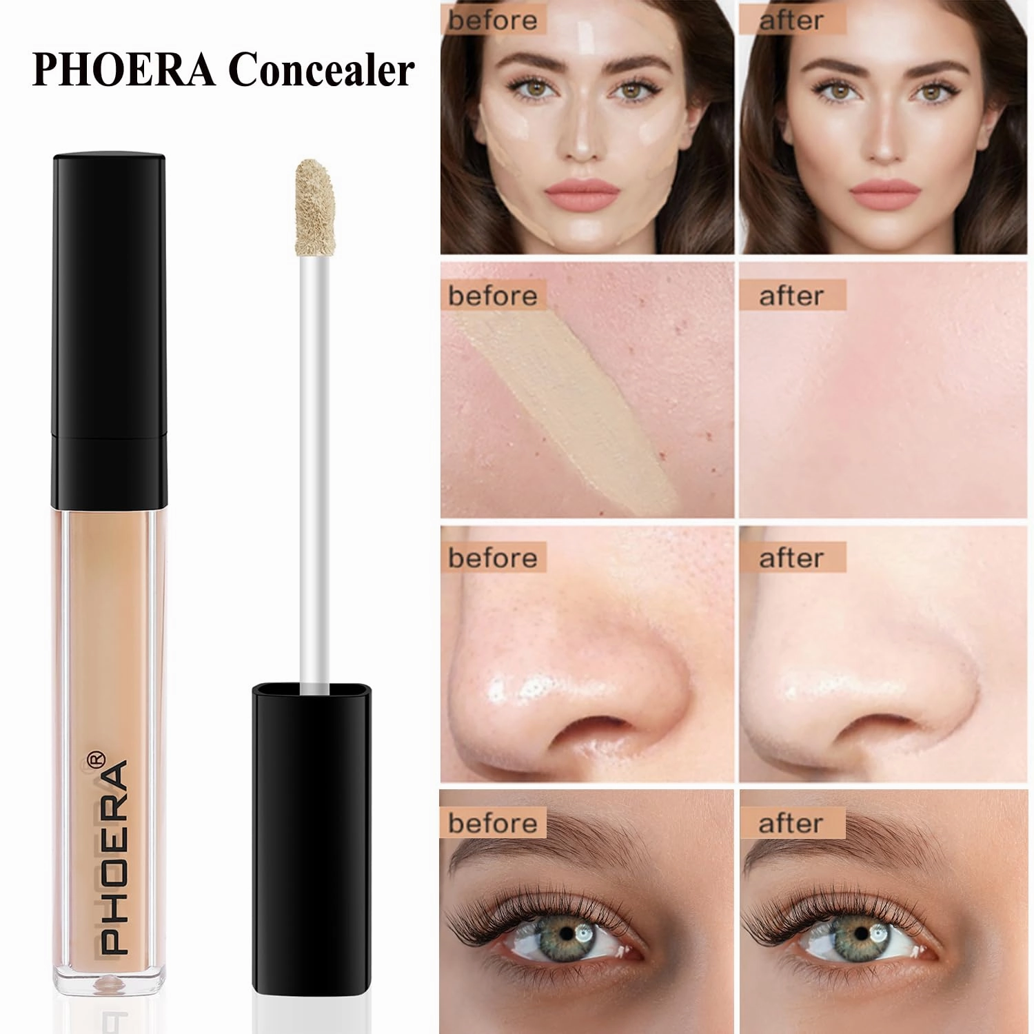 PHOERA Foundation,PHOERA 9D Mascara,PHOERA Makeup Foundation Full Coverage,PHOERA Primer, PHOERA Powder, PHOERA Concealer, Kabuki Brushes Foundation (102 Nude)