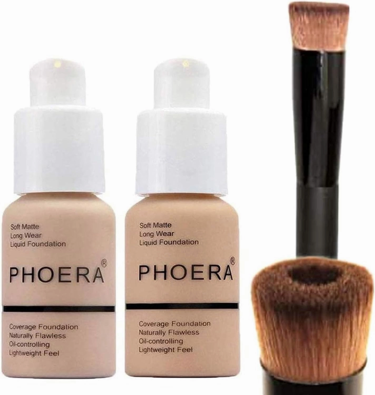 Phoera Foundation Set with Makeup Brush - Matte Cream Foundation Kit with 102 (Nude) & 104 (Buff Beige) Full Coverage Concealer - 24hr Matte Oil Control - 30ml x 2
