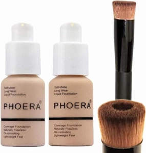 Phoera Foundation Set with Makeup Brush - Matte Cream Foundation Kit with 102 (Nude) & 104 (Buff Beige) Full Coverage Concealer - 24hr Matte Oil Control - 30ml x 2