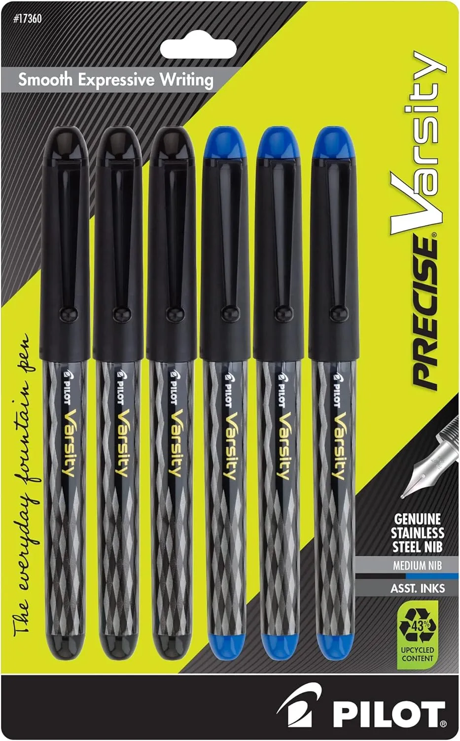 PILOT, Precise Varsity Pre-Filled Fountain Pens, Medium Point 1 mm Stainless Steel Nib, Black/Blue, 6-Pack