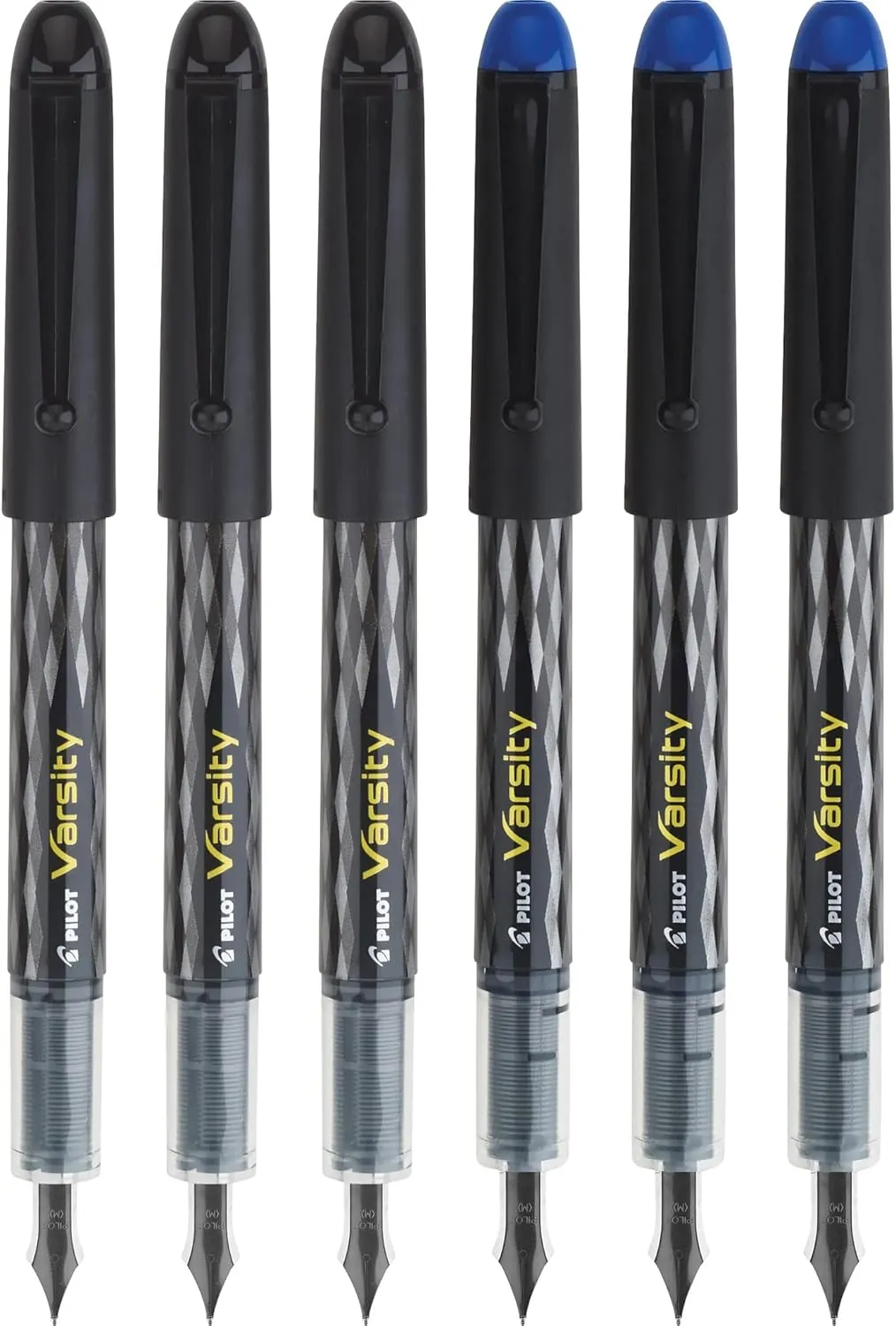 PILOT, Precise Varsity Pre-Filled Fountain Pens, Medium Point 1 mm Stainless Steel Nib, Black/Blue, 6-Pack