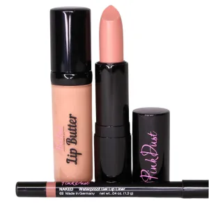 Pink Dust Naughty Nude Lip Combo - (Pack of 3) Naked Liner, Pink Nougat Lipstick, Lip Butter Lip Gloss - Lips Combo Makeup Kit