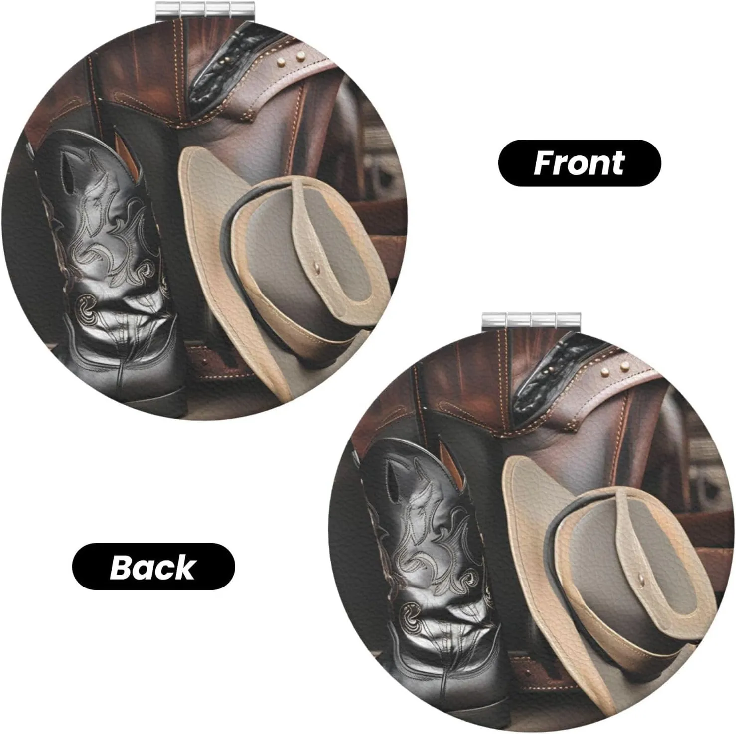 Portable Pocket Makeup Mirror Cowboy Black Hat Western Boots Travel Cosmetic Mirror Round Shape Print Magnifying Compact Mirror for Eyelash