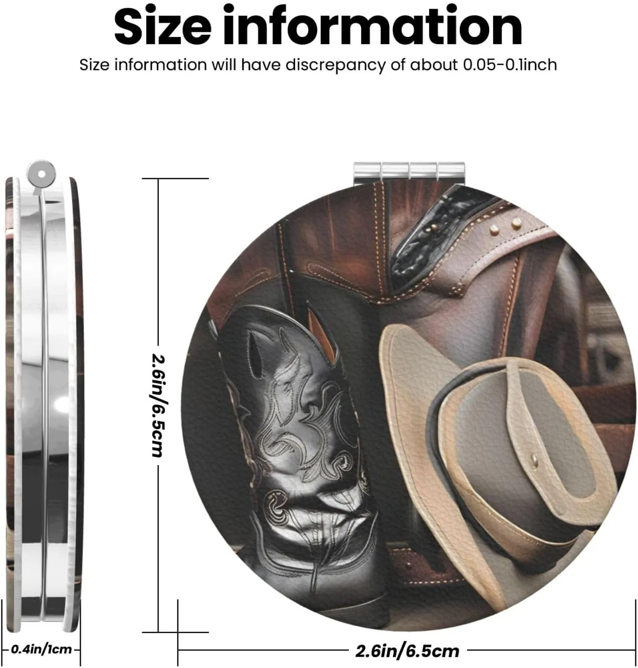Portable Pocket Makeup Mirror Cowboy Black Hat Western Boots Travel Cosmetic Mirror Round Shape Print Magnifying Compact Mirror for Eyelash