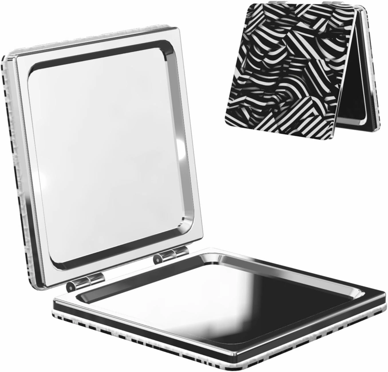 Portable Pocket Makeup Mirror Black and White Lines Travel Cosmetic Mirror Square Print Magnifying Compact Mirror for Eyelash