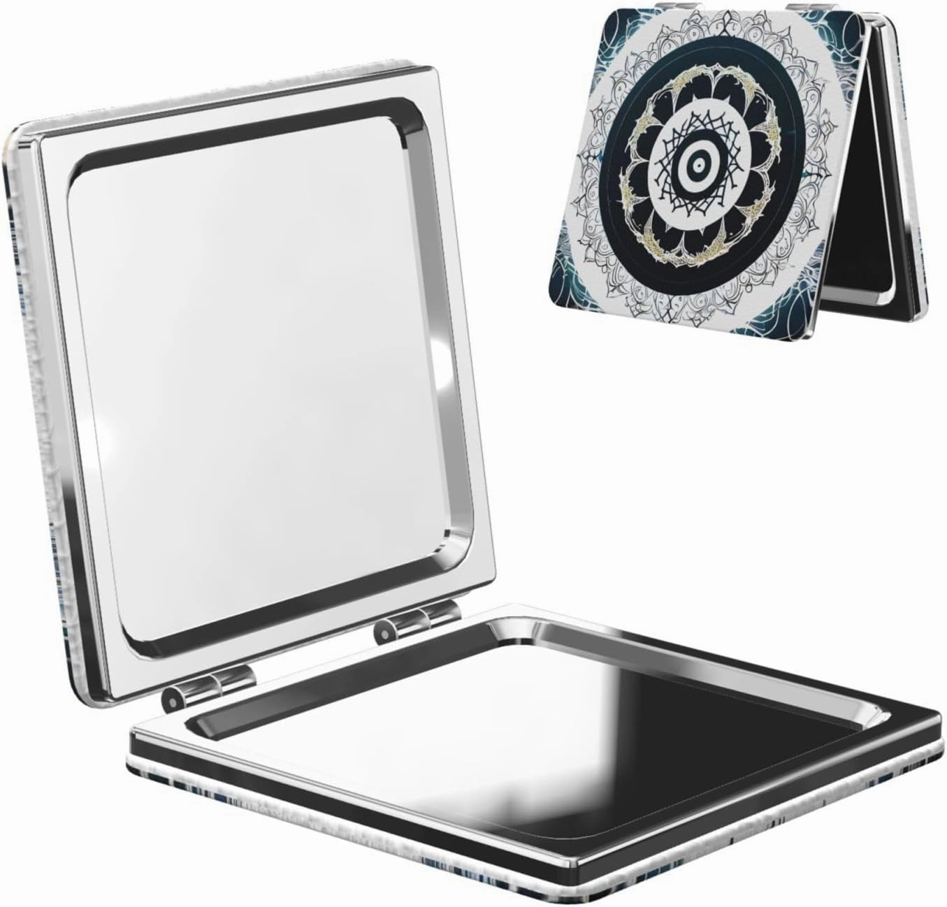 Portable Pocket Makeup Mirror Black and White Round Totem Travel Cosmetic Mirror Square Print Magnifying Compact Mirror for Eyelash