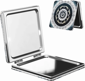 Portable Pocket Makeup Mirror Black and White Round Totem Travel Cosmetic Mirror Square Print Magnifying Compact Mirror for Eyelash