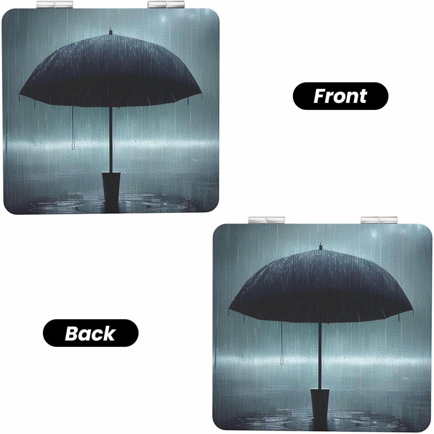 Portable Pocket Makeup Mirror Black Umbrella in The rain Travel Cosmetic Mirror Square Print Magnifying Compact Mirror for Eyelash
