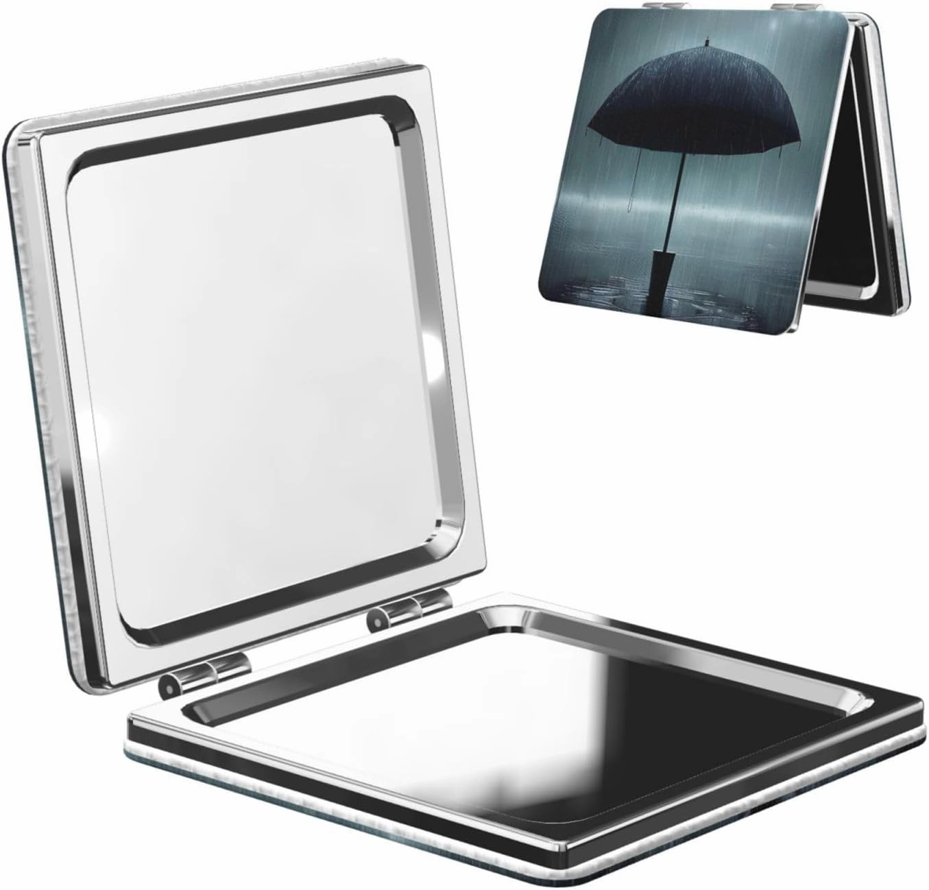 Portable Pocket Makeup Mirror Black Umbrella in The rain Travel Cosmetic Mirror Square Print Magnifying Compact Mirror for Eyelash