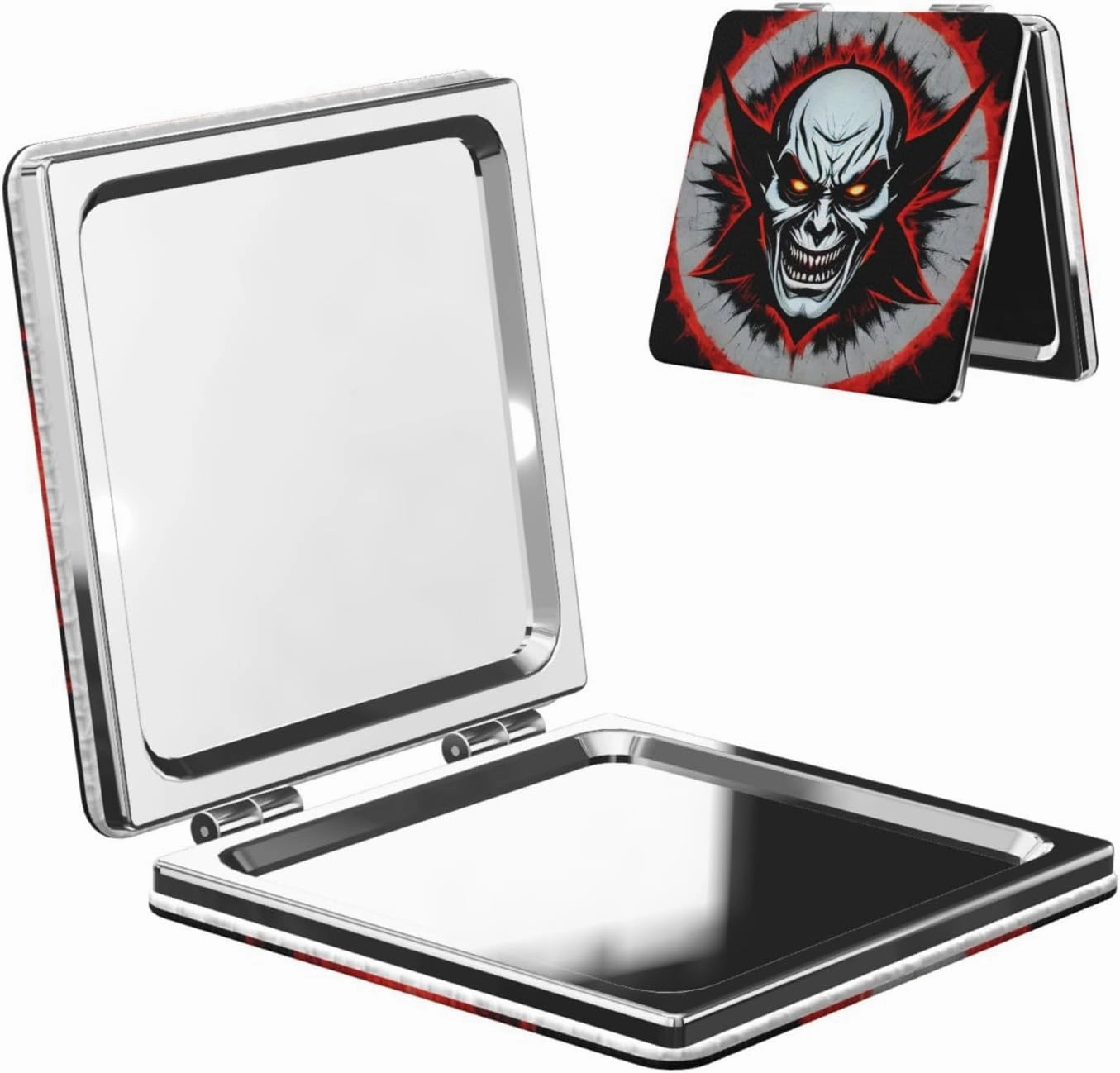 Portable Pocket Makeup Mirror Red and Black Evil Ghost Travel Cosmetic Mirror Square Print Magnifying Compact Mirror for Eyelash