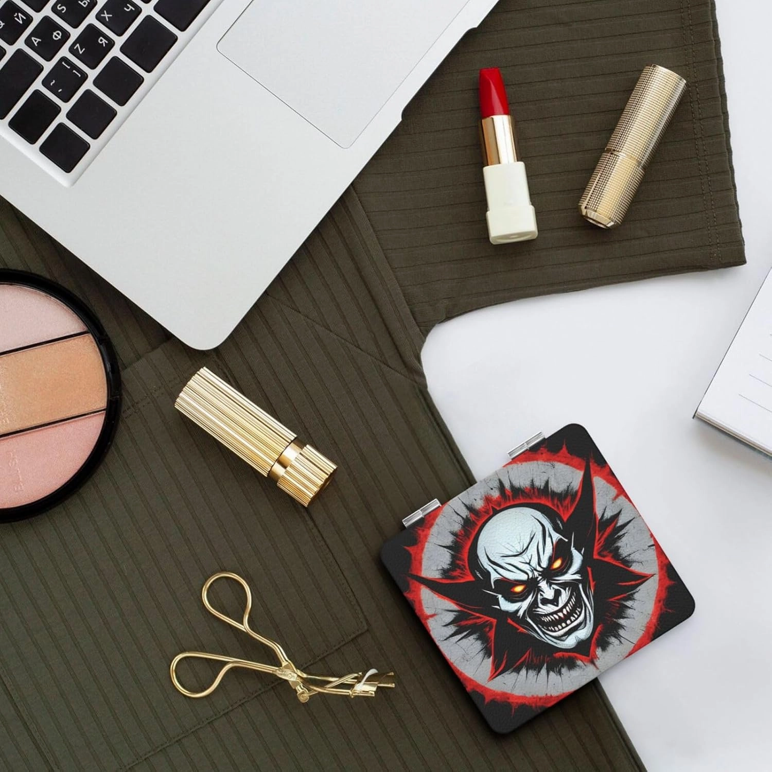 Portable Pocket Makeup Mirror Red and Black Evil Ghost Travel Cosmetic Mirror Square Print Magnifying Compact Mirror for Eyelash