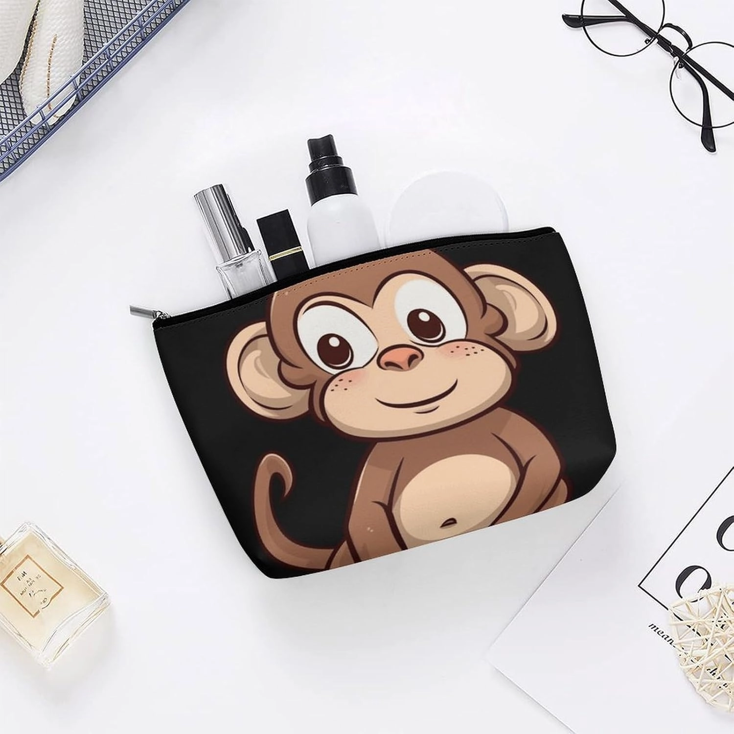 Portable Small Cosmetic Bag Cute Travel Makeup Bag Cartoon Brown Monkey Waterproof Toiletry Bag for Women