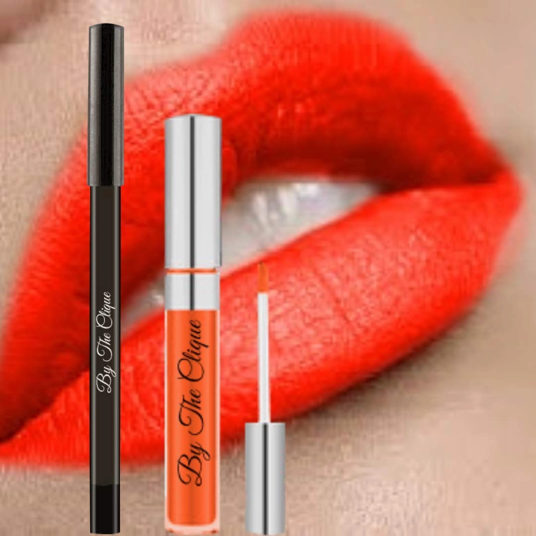 Premium Long Lasting Matte Lip Kit | On Fire | Vibrant Red Orange Color | Perfect Texture | Lipstick and Lip Liner Pencil Set | By The Clique…