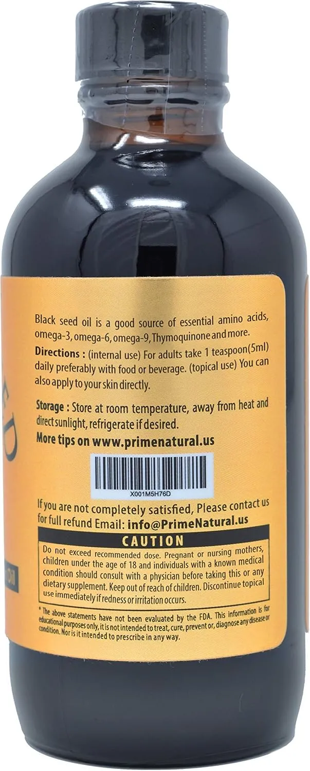 Prime Natural Organic Black Seed Oil 4oz - Cold Pressed Unrefined High Thymoquinone 1.7% USDA Certified - Turkish Origin Potent Nigella Sativa Liquid - Vegan Omega 3 6 9, Antioxidant