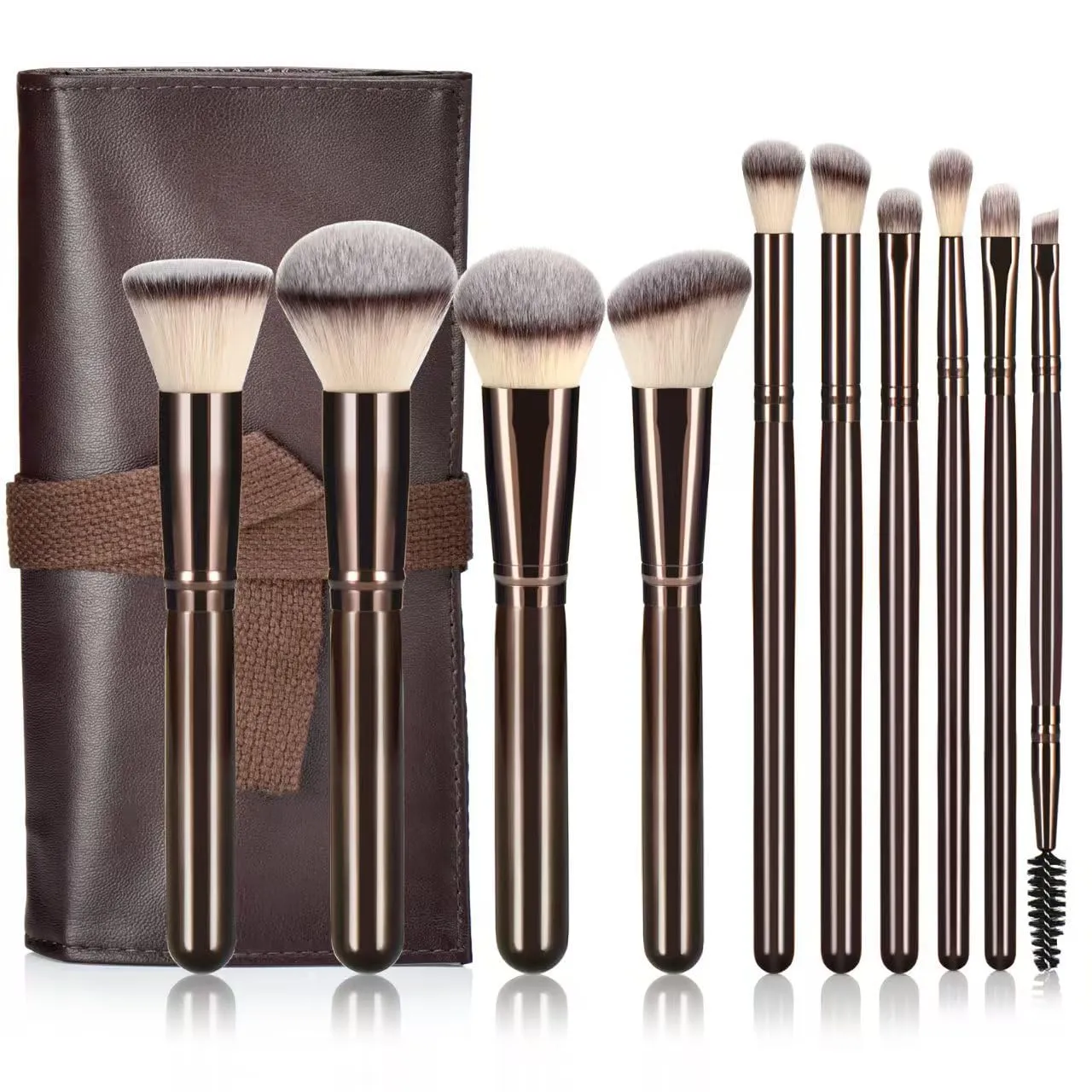 Professional Makeup Brush Set, 10 Piece with Storage Case, Bronze Metal Handles, Synthetic Bristles (10 pieces of coffee color)