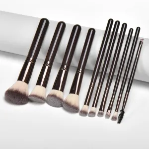Professional Makeup Brush Set, 10 Piece with Storage Case, Bronze Metal Handles, Synthetic Bristles (10 pieces of coffee color)