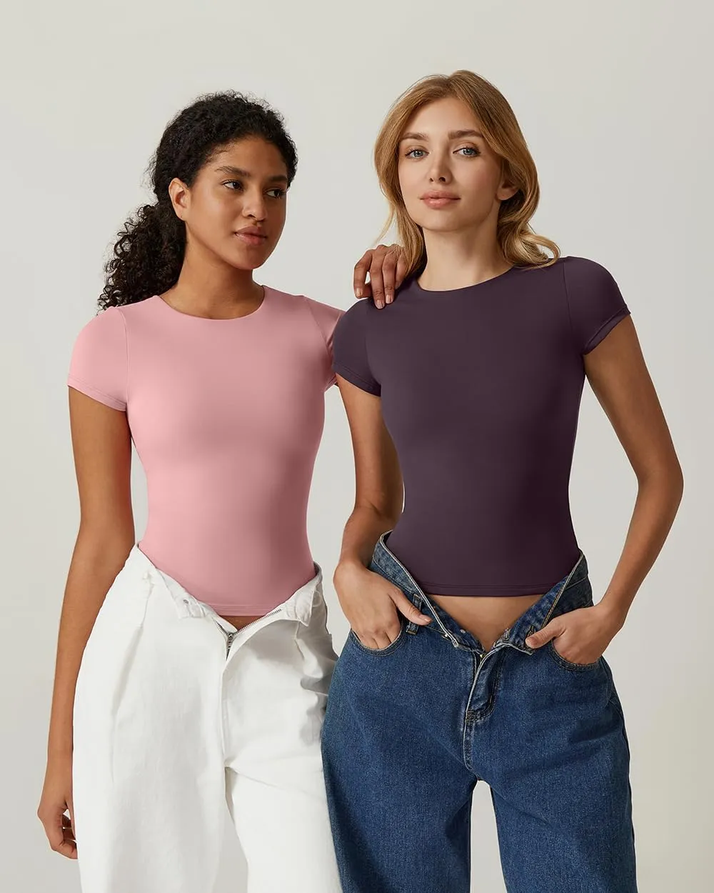 QINSEN Women's Crew Neck Short Sleeve Tees Double Lined Slim Fit T Shirt Basic Y2K Tops