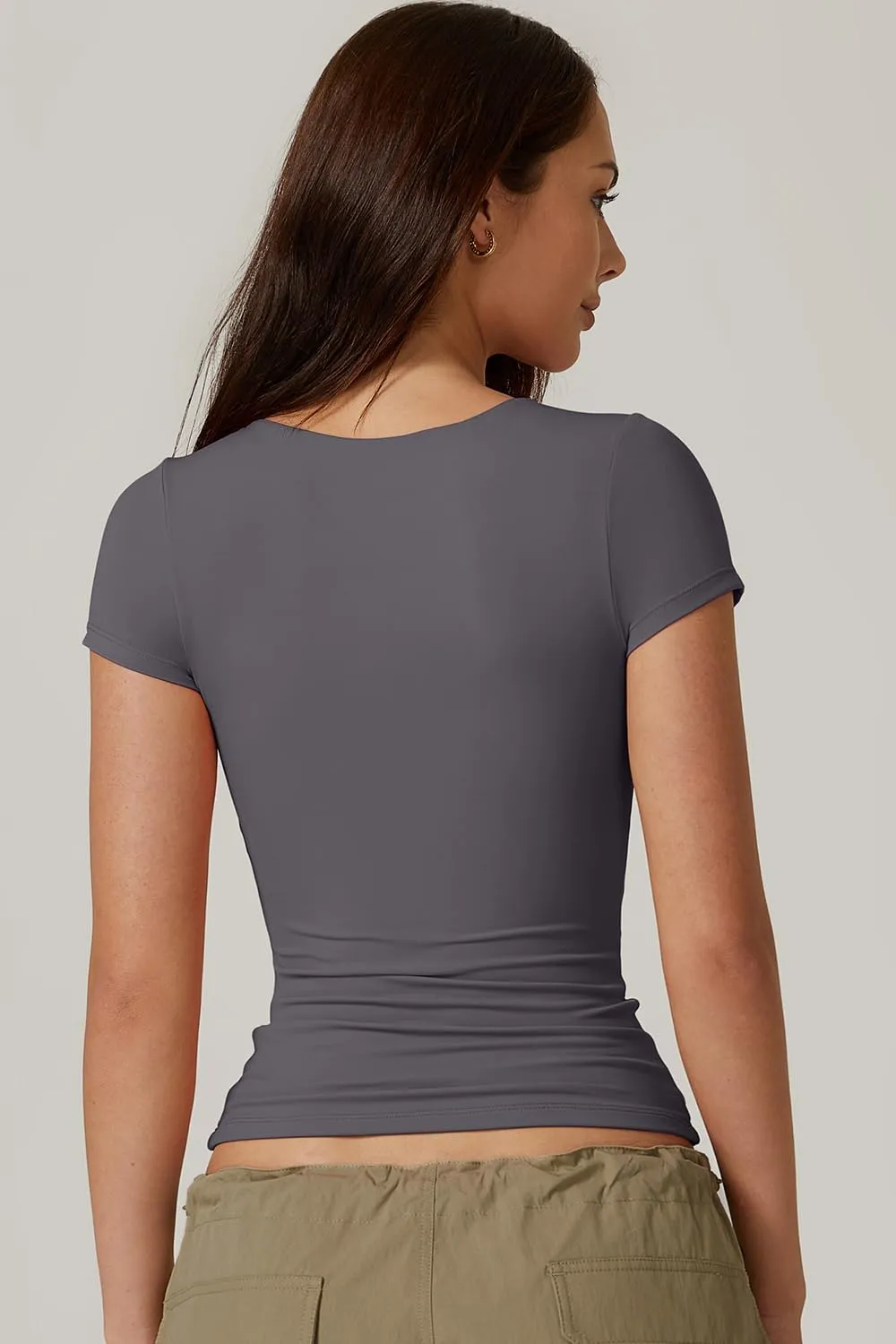 QINSEN Women's Crew Neck Short Sleeve Tees Double Lined Slim Fit T Shirt Basic Y2K Tops