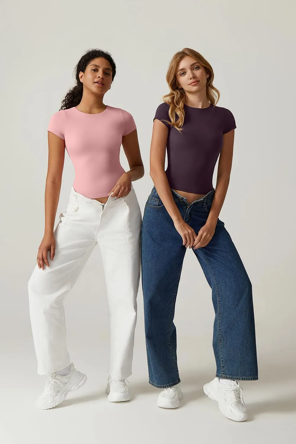 QINSEN Women's Crew Neck Short Sleeve Tees Double Lined Slim Fit T Shirt Basic Y2K Tops