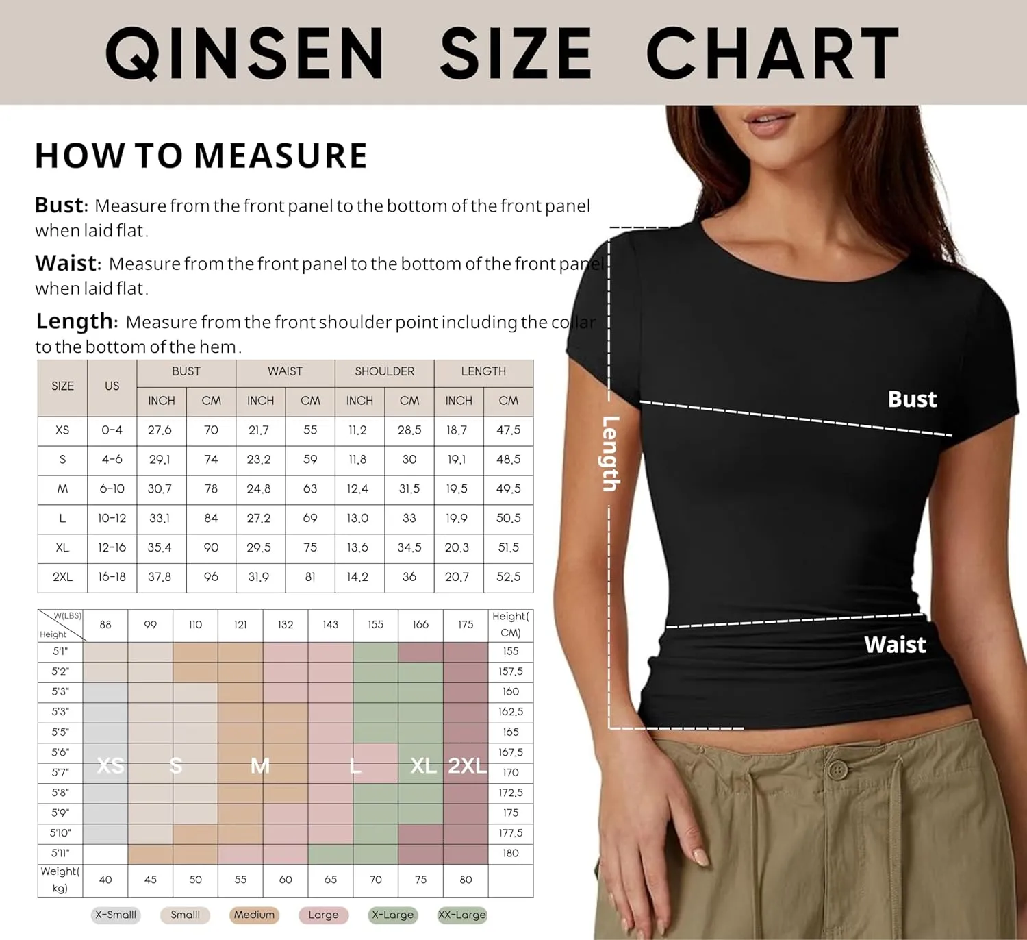 QINSEN Women's Crew Neck Short Sleeve Tees Double Lined Slim Fit T Shirt Basic Y2K Tops