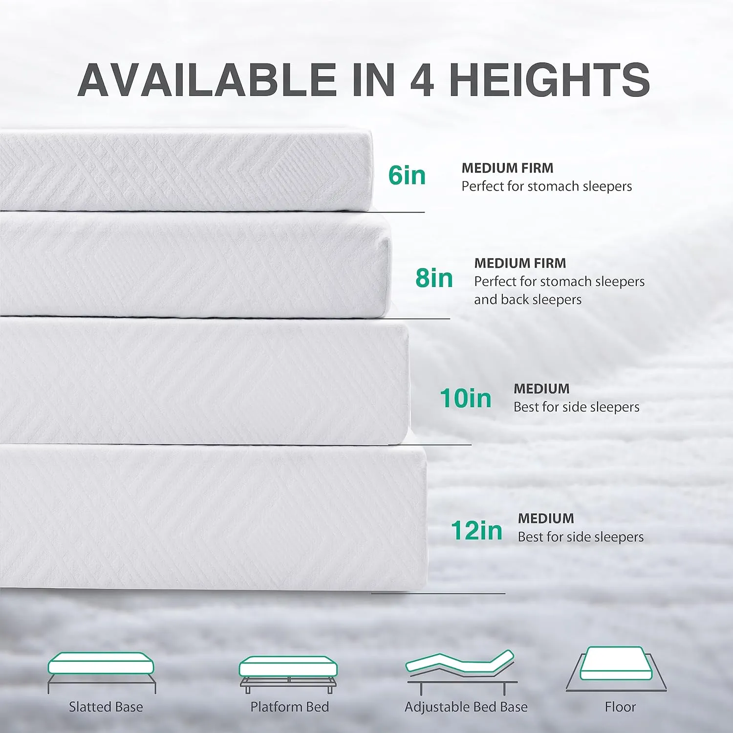 Queen Mattress - 12 Inch Green Tea Memory Foam Mattress- Queen Mattress in a Box - CertiPUR-US Certified Fiberglass Free Mattress - Gel Layer - Medium - 60"x80"x8" - White