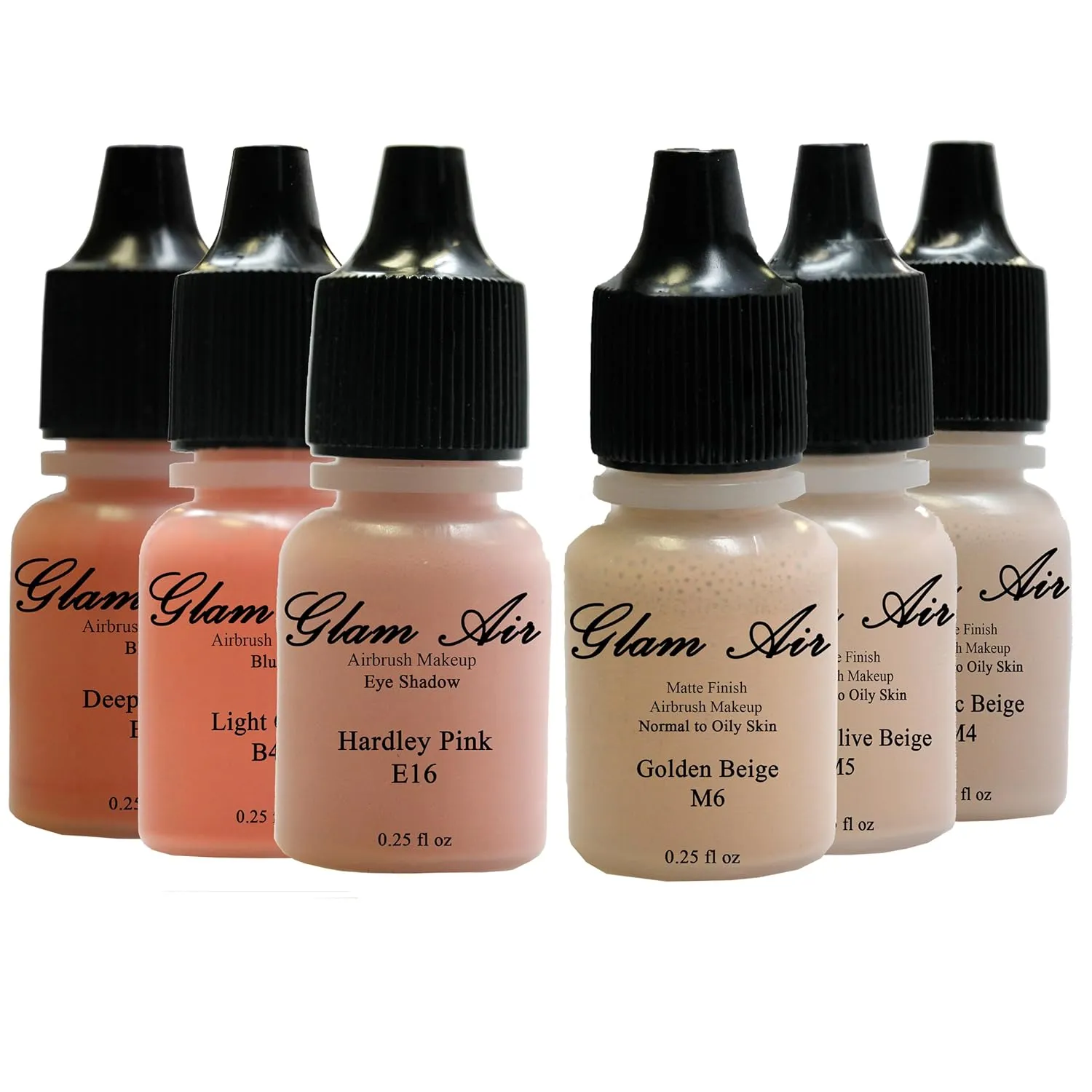 "June Glow Collection" Set of Six (6) Shades of Glam Air Airbrush Matte Makeup Foundation, Airbrush Blush and Airbrush Eye Shadow Water-based Formula Last All Day (For All Skin Types)0.25oz Bottles