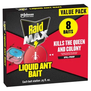 Raid Max Liquid Ant Bait; Kills Ants Where They Breed, for Indoor and Outdoor Use; 8 Bait Stations