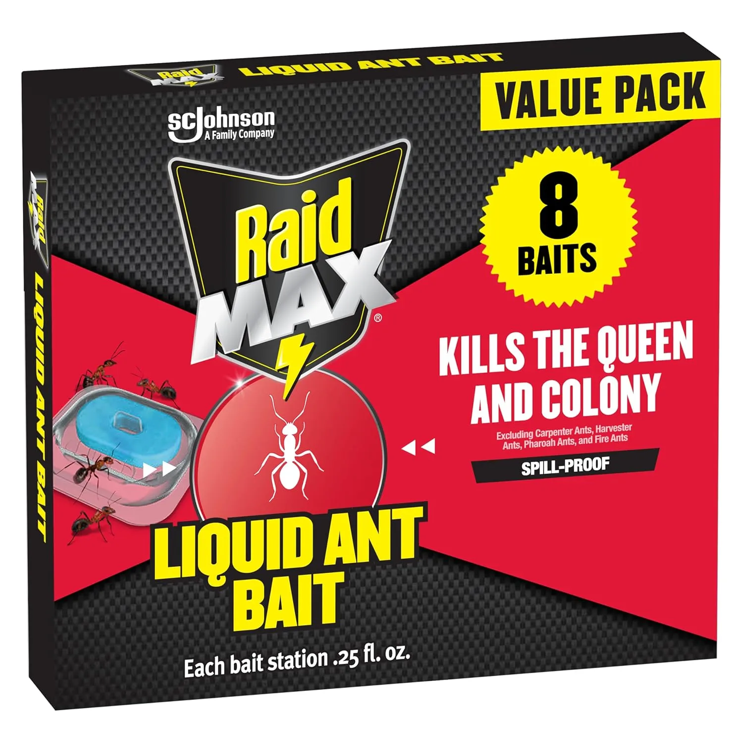 Raid Max Liquid Ant Bait; Kills Ants Where They Breed, for Indoor and Outdoor Use; 8 Bait Stations