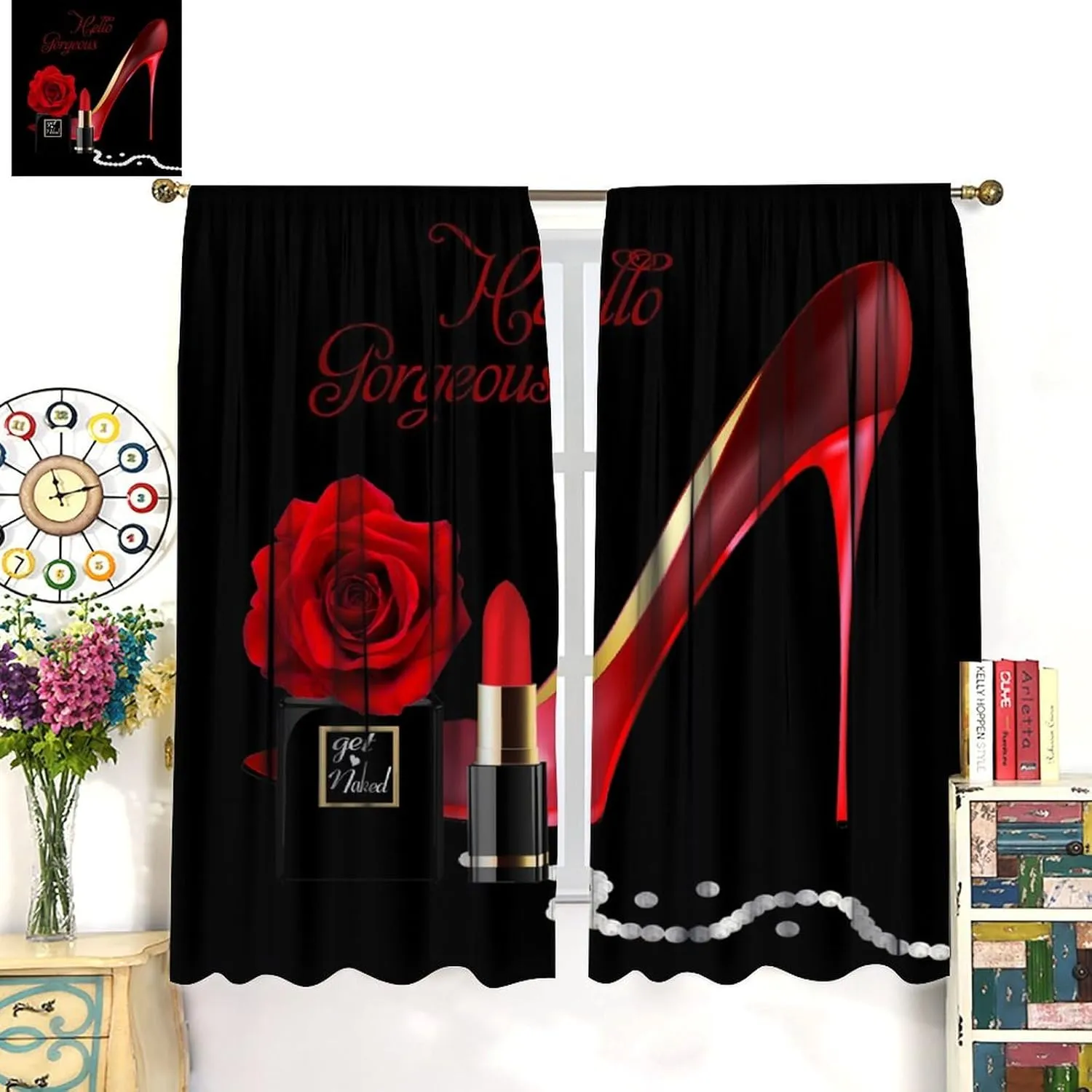 Red High Heel Curtain Hello Gorgeous Black Perfume Flower Lipstick Fashion Makeup Romantic Woman Girls Print Window Drapes 2 Panel Sets,42x45 Inch Decor