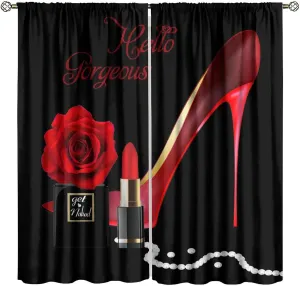 Red High Heel Curtain Hello Gorgeous Black Perfume Flower Lipstick Fashion Makeup Romantic Woman Girls Print Window Drapes 2 Panel Sets,42x45 Inch Decor
