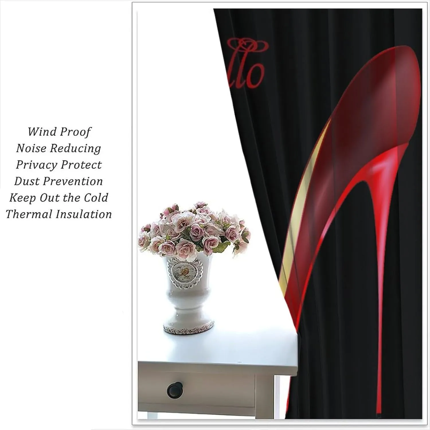 Red High Heel Curtain Hello Gorgeous Black Perfume Flower Lipstick Fashion Makeup Romantic Woman Girls Print Window Drapes 2 Panel Sets,42x45 Inch Decor
