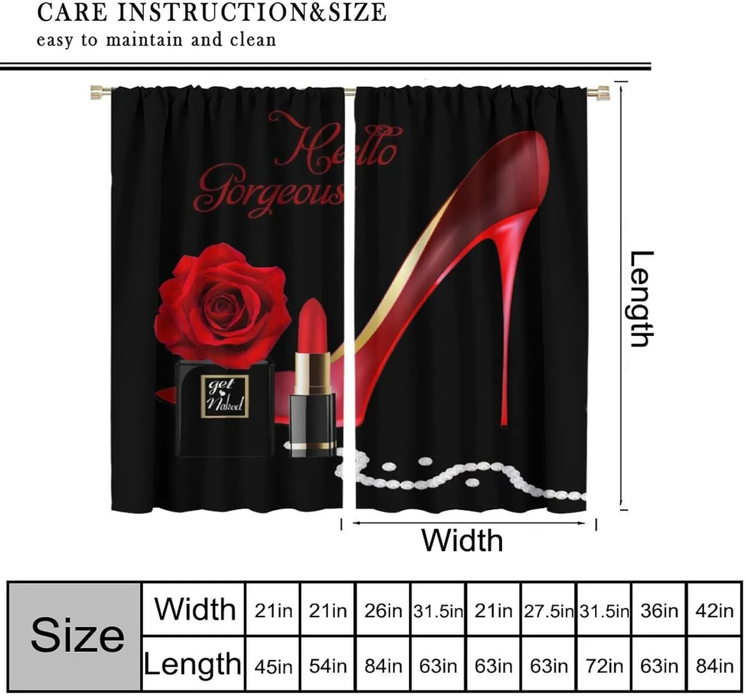 Red High Heel Curtain Hello Gorgeous Black Perfume Flower Lipstick Fashion Makeup Romantic Woman Girls Print Window Drapes 2 Panel Sets,42x45 Inch Decor