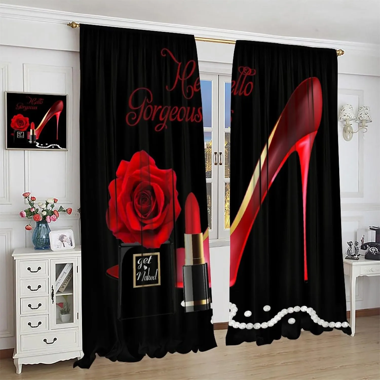 Red High Heel Curtain Hello Gorgeous Black Perfume Flower Lipstick Fashion Makeup Romantic Woman Girls Print Window Drapes 2 Panel Sets,42x45 Inch Decor