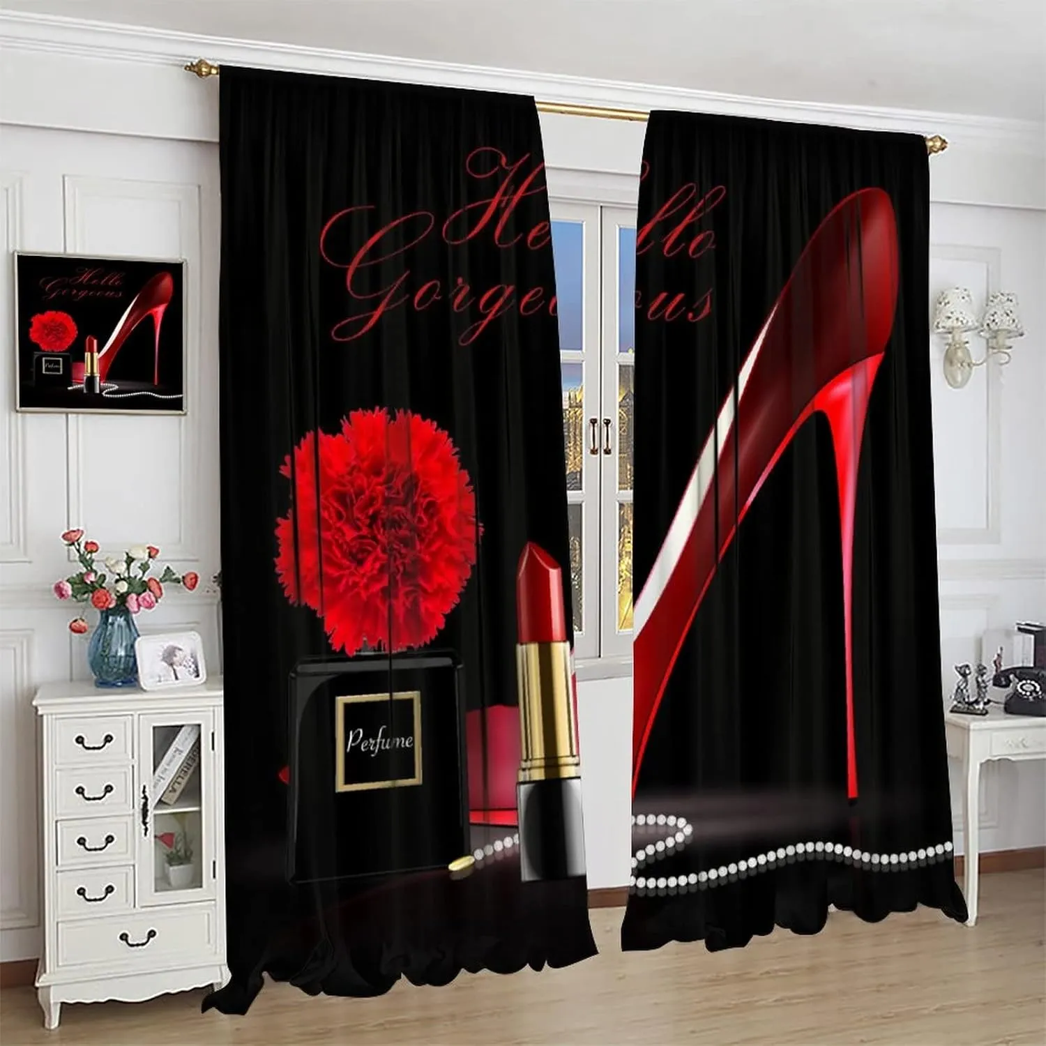 Red High Heel Curtains Black Perfume Flower Lipstick Fashion Makeup Romantic Woman Girls Blackout Rod Pockets Window Drapes for Living Room Kitchen Cafe Bedroom Decor W31.5xL63in 2 Panels