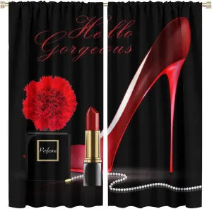 Red High Heel Curtains Black Perfume Flower Lipstick Fashion Makeup Romantic Woman Girls Blackout Rod Pockets Window Drapes for Living Room Kitchen Cafe Bedroom Decor W31.5xL63in 2 Panels