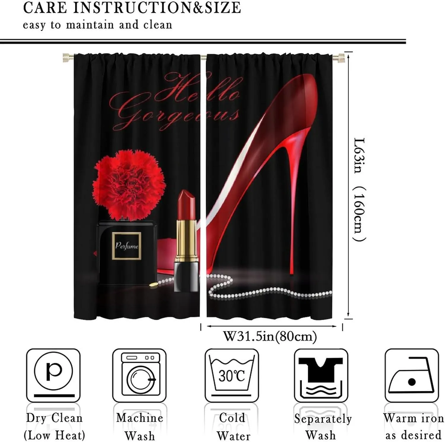 Red High Heel Curtains Black Perfume Flower Lipstick Fashion Makeup Romantic Woman Girls Blackout Rod Pockets Window Drapes for Living Room Kitchen Cafe Bedroom Decor W31.5xL63in 2 Panels