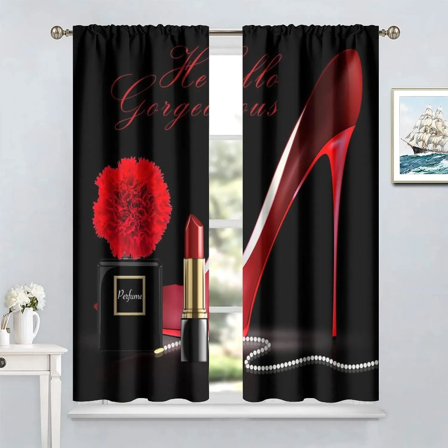 Red High Heel Curtains Black Perfume Flower Lipstick Fashion Makeup Romantic Woman Girls Blackout Rod Pockets Window Drapes for Living Room Kitchen Cafe Bedroom Decor W31.5xL63in 2 Panels