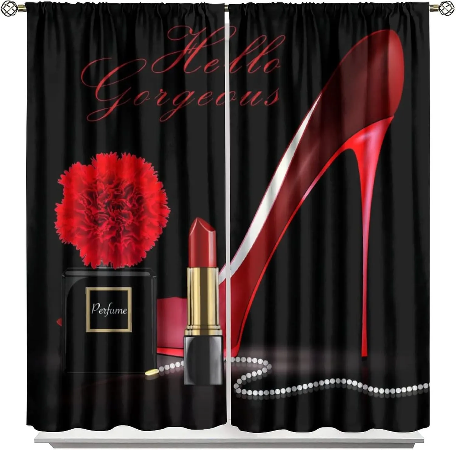 Red High Heel Curtains Black Perfume Flower Lipstick Fashion Makeup Romantic Woman Girls Blackout Rod Pockets Window Drapes for Living Room Kitchen Cafe Bedroom Decor W31.5xL63in 2 Panels