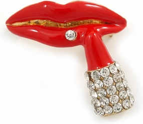 Red Enamel, Clear Crystal Lips and Lipstick Brooch in Gold Plating - 33mm L