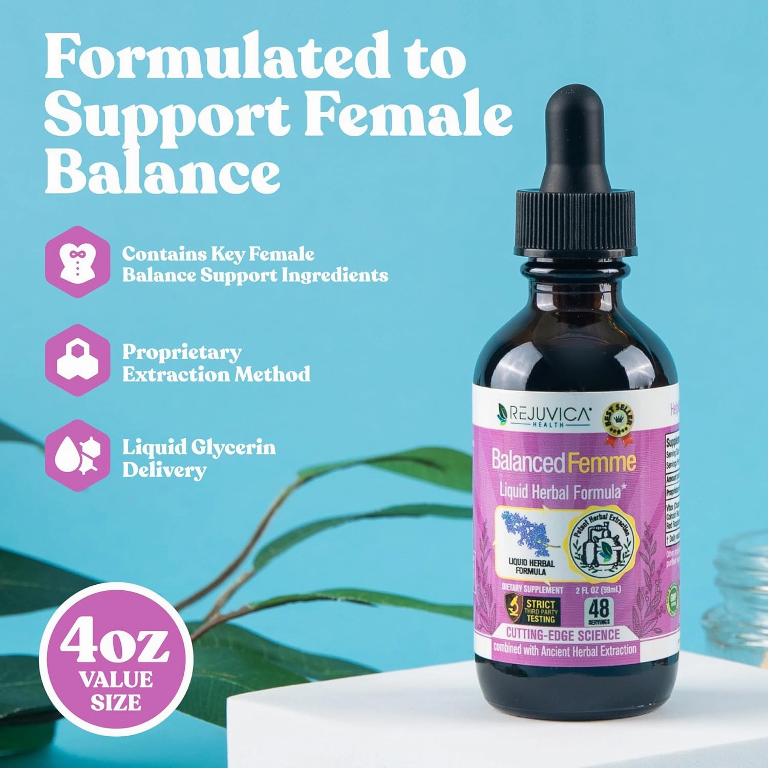 Rejuvica Health Balanced Femme - Advanced Female Balance Support Supplement - Liquid Delivery for Better Absorption - Vitex, Dong Quai, Black Cohosh, Maca Wild Yam & More!