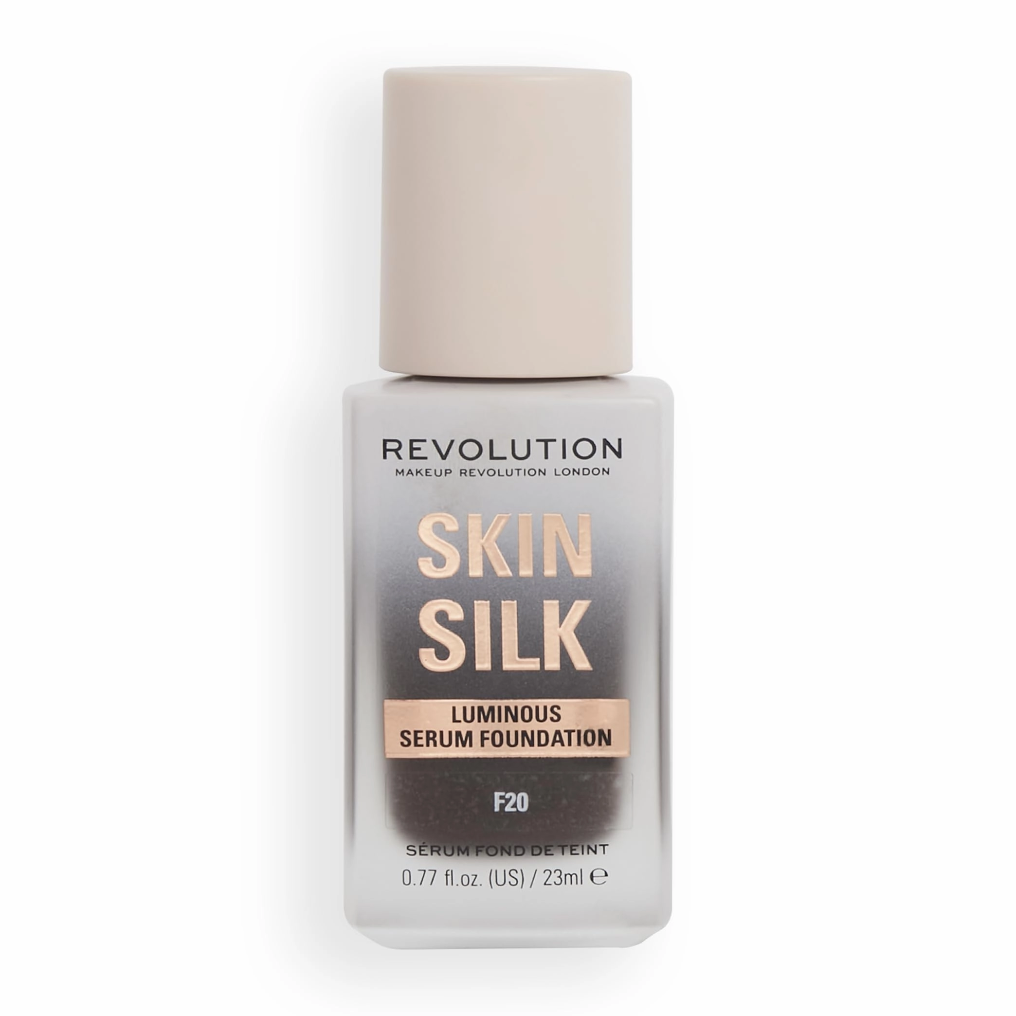 Revolution Beauty, Skin Silk Serum Foundation, Light to Medium Coverage, Lightweight & Radiant Finish, Contains Hyaluronic Acid, F20 Deep Skin Tones, 0.77 Fl. Oz.