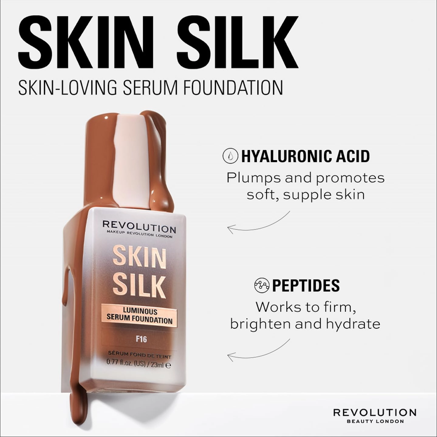 Revolution Beauty, Skin Silk Serum Foundation, Light to Medium Coverage, Lightweight & Radiant Finish, Contains Hyaluronic Acid, F20 Deep Skin Tones, 0.77 Fl. Oz.
