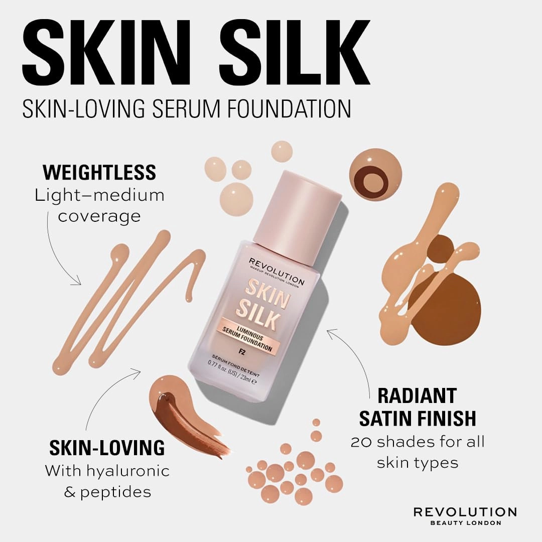 Revolution, Skin Silk Serum Foundation, Light to Medium Coverage, Lightweight & Radiant Finish, Contains Hyaluronic Acid, F18 Deep Skin Tones, 0.77 fl oz (Pack of 2)