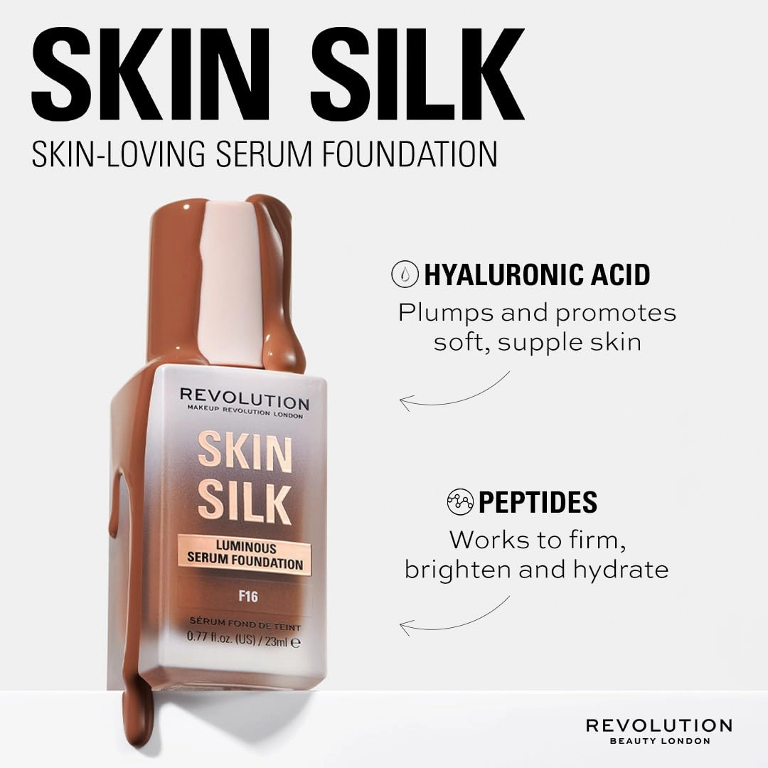 Revolution, Skin Silk Serum Foundation, Light to Medium Coverage, Lightweight & Radiant Finish, Contains Hyaluronic Acid, F18 Deep Skin Tones, 0.77 fl oz (Pack of 2)