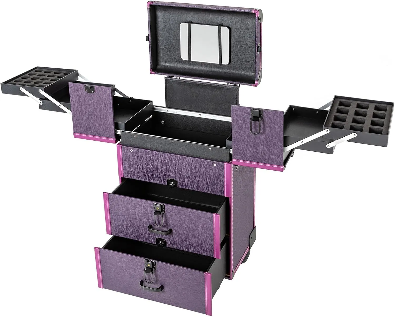 Rolling Makeups Train Case,Trolley Lockable Portable Cosmetic Storage Organizer, w/4 Universal Wheels & 2 Large Drawers for Makeup Artists Hairdressers Beauticians