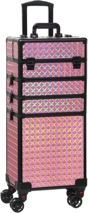 Rolling Train Case 4-in-1 Portable Makeup Train Case Professional Cosmetic Organizer Makeup Traveling case Trolley Cart Trunk (colorful red)