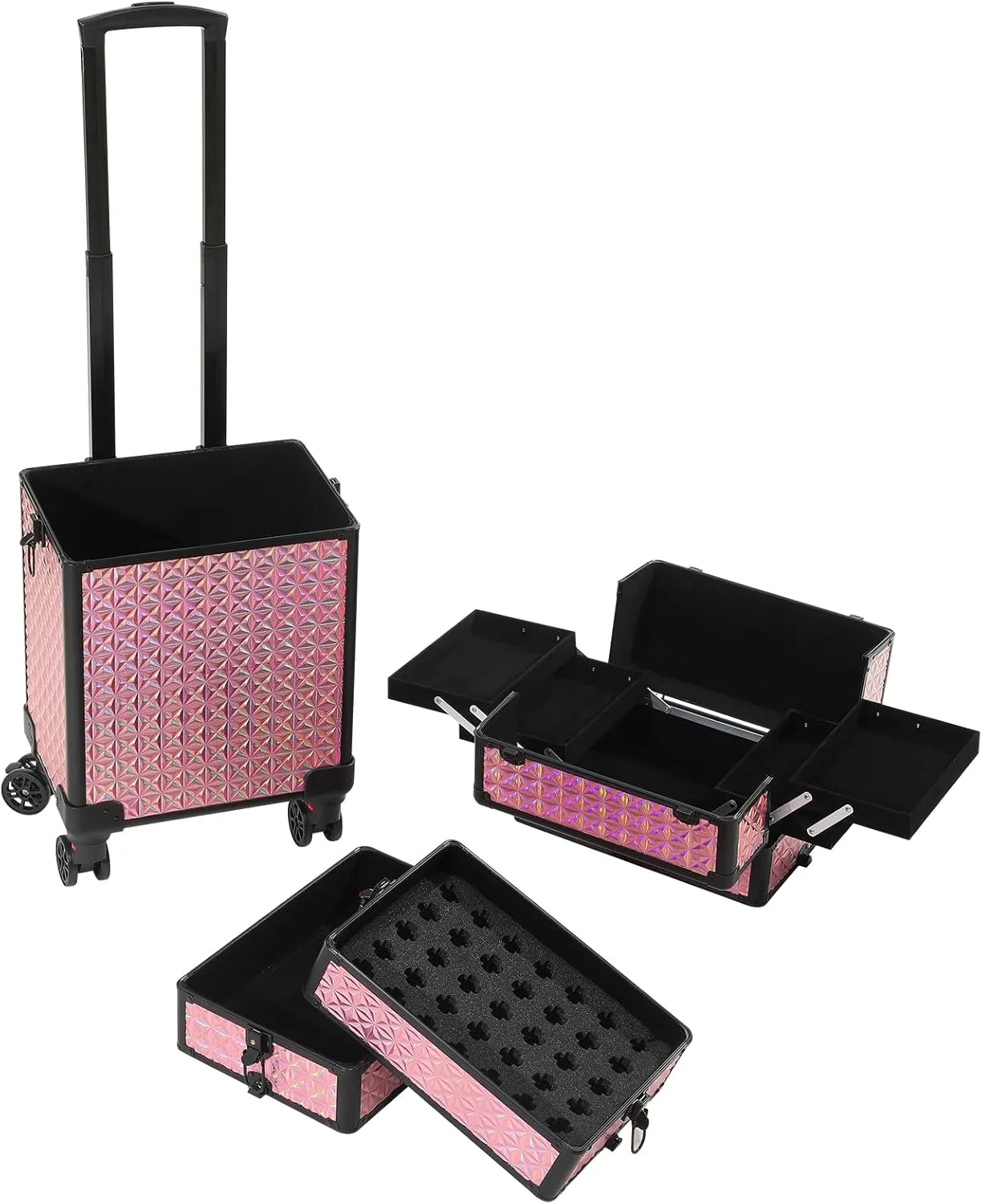 Rolling Train Case 4-in-1 Portable Makeup Train Case Professional Cosmetic Organizer Makeup Traveling case Trolley Cart Trunk (colorful red)