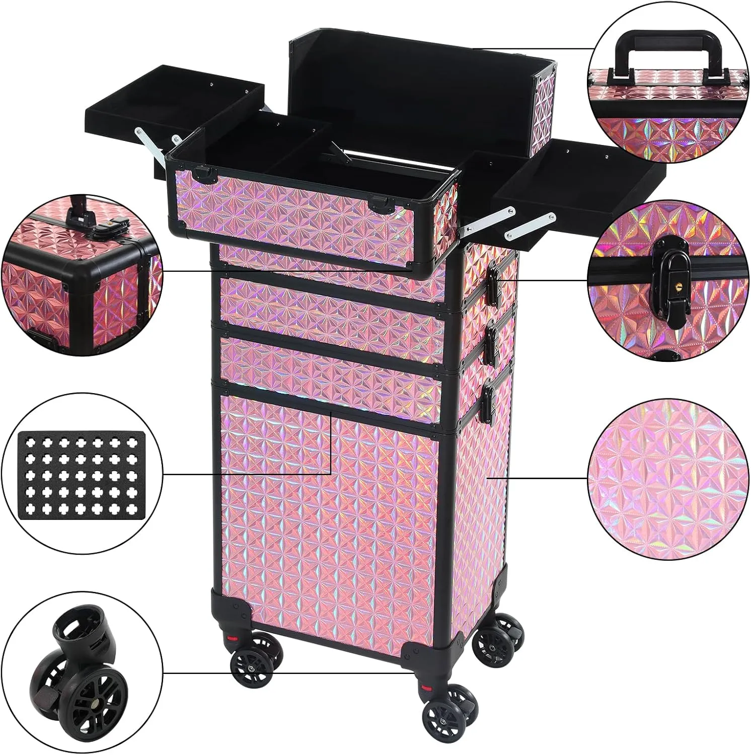 Rolling Train Case 4-in-1 Portable Makeup Train Case Professional Cosmetic Organizer Makeup Traveling case Trolley Cart Trunk (colorful red)